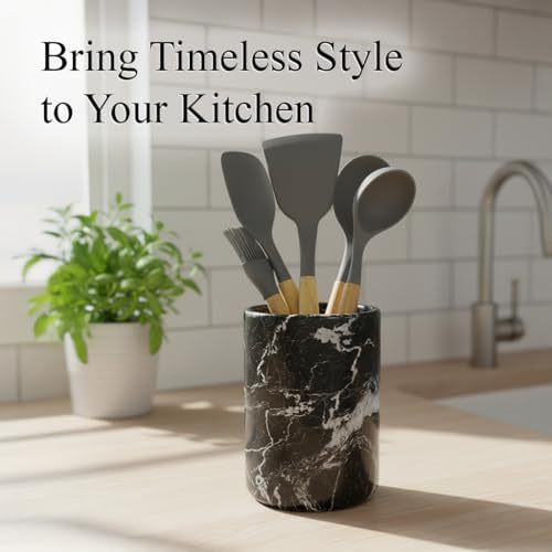 Handmade Marble Utensil Holder for Kitchen Countertop Storage | Multipurpose Organizer for Spatulas, Office Supplies, & Wine Chiller (Black Zebra)