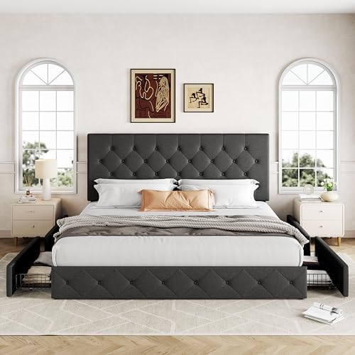Allewie King Size Storage Bed Frame with 4 Underbed Drawers, Upholstered Platform Bed with Adjustable Headboard, Diamond Button Tufted, Easy Assembly, Noise-Free, No Box Spring Needed, Dark Grey