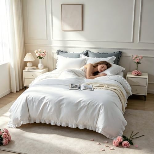 Simple&Opulence Kids 100% Organic Cotton Duvet Cover with Ruffle 68 x 86-2 PCS High End Floral Frill Lace Bedding, Romantic Cottagecore Style Comforter Cover with 1 Pillowcase, White Twin