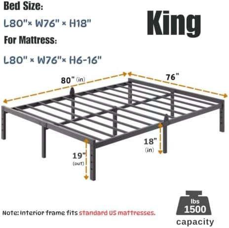 18 Inch King Size Metal Platform Bed Frame,Mattress Anti-Slip Design