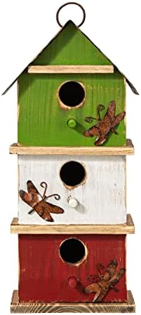 Glitzhome Bird Houses for Outside, 13.75" H Multicolored Three-Tiered Distressed Solid Wood Birdhouse Garden Hanging Bird House for Outdoors