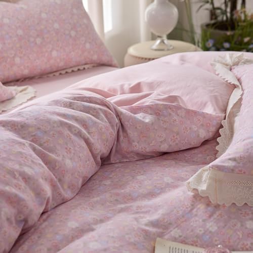 HighBuy Ruffle Duvet Cover Set King with Pink Floral Print,Muslin Comforter Cover Chic Floral Bedding Set,Natural Gauze Cotton Super Soft,Comfortable - 1 Duvet Cover with 2 Pillowcase