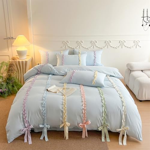 Colorful Striped Ruffled Bedding with Cute Bow,Chic Ruffle Romantic Full Duvet, Coquette Aesthetic Style 3 piece Duvet Cover Set-1 Full Duvet Cover with 2 Pillowcases, No Comforter