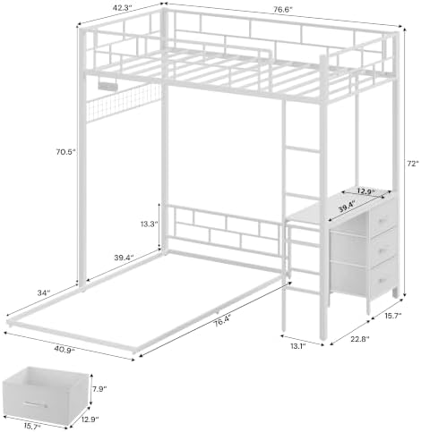 Bunk Bed Twin Over Twin with Desk, L-Shaped Loft Beds with Charging Station, 3 Storage Drawers & Shelves, Bunk Beds with Safety Guardrail & Ladder for Kids/Teens, No Box Spring Needed, White