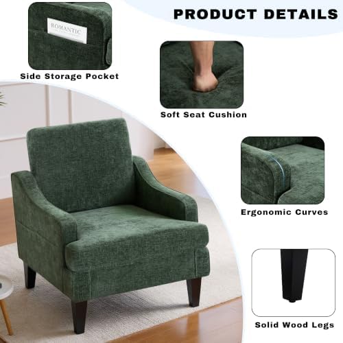 Accent Chair for Living Room,Mid-Century Arm Chair Chenille Fabric Living Room Chairs,Upholstered Reading Chair for Bedroom,Single Sofa Chair with Wood Legs for Apartment (Green)