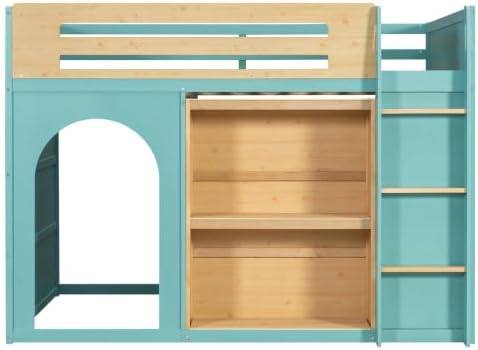 LUMISOL Full Size Loft Bed with Storage and Bookshelf, Playhouse Wooden High Sleeper Bed with Guardrails and Ladder, Space Saving Loft Bed for Kids Boys and Girls, Blue