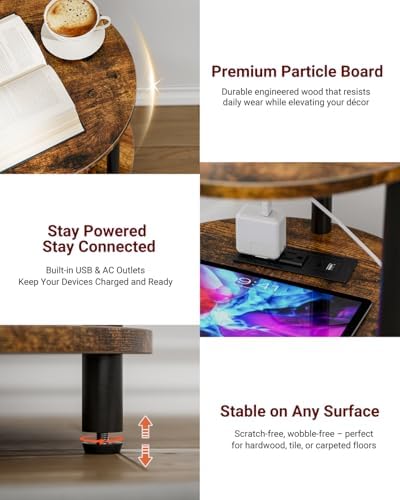 XBurmo Small Round End Table - 3 Tier Design Accent Table, Narrow Side or Bedside Stand, Industrial Vintage Table for Small Spaces, Built-in USB Ports and Power Outlet, Rustic Brown