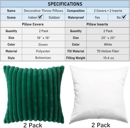 Decorative Throw Pillow with Inserts, Set of 2 Soft Faux Fur Throw Pillows, Square Boho Striped Pillow for Couch, Bed, Sofa Decor