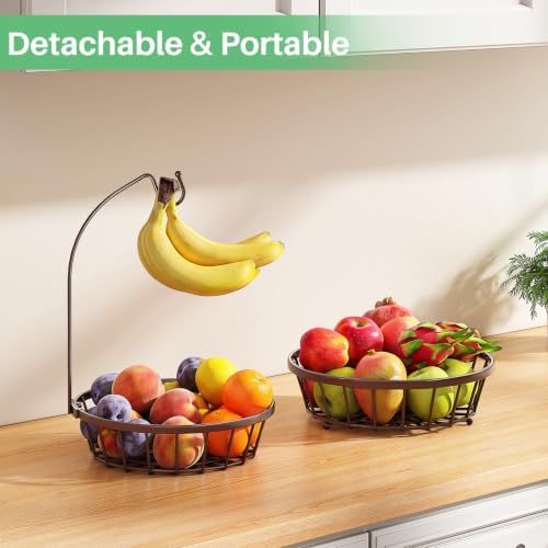 SAYZH 2-Tier Large Fruit Basket Bowl for Kitchen Counter with Banana Hanger