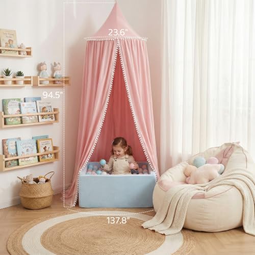 LOAOL Bed Canopy with Pom Pom Kids Reading Nook Hanging Tent (Pink)