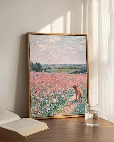 Framed Golden Retriever Dog Wall Art, Pink Floral Field Canvas Print 12x16