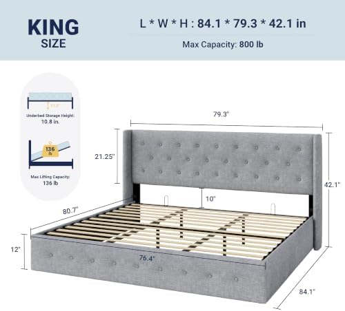 Allewie King Size Lift Up Storage Button-Tufted Bed Frame Light Grey