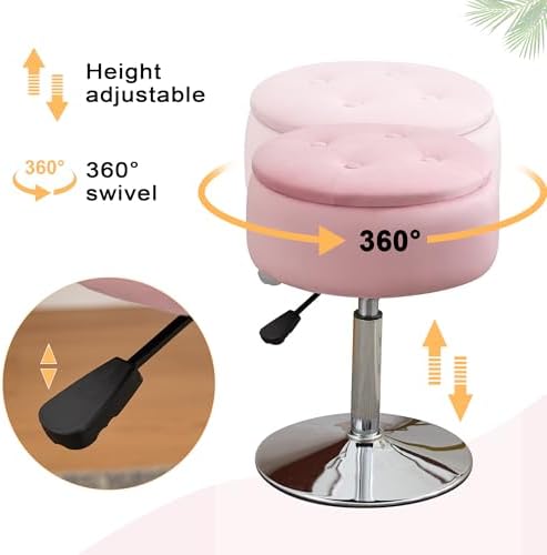 Pink Swivel Vanity Stool With Storage Vanity Chair for Makeup Room Ottoman