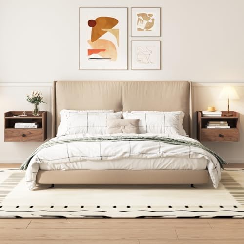 Floating Nightstand Set of 2 Modern Night Stands with Drawer and Open Shelf