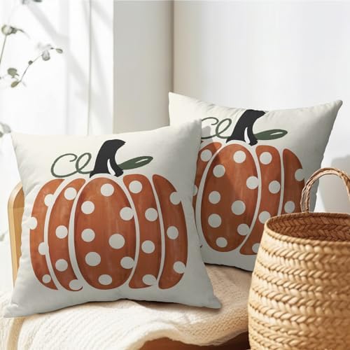 Fall Pumpkin Throw Pillow Cover 16X16 Inch Set of 2 Autumn Orange Pumpkin Outdoor Pillow Cases Polka Dot Beige Thanksgiving Farmhouse Square Cushion Covers for Sofa Couch Porch Patio Home Decor