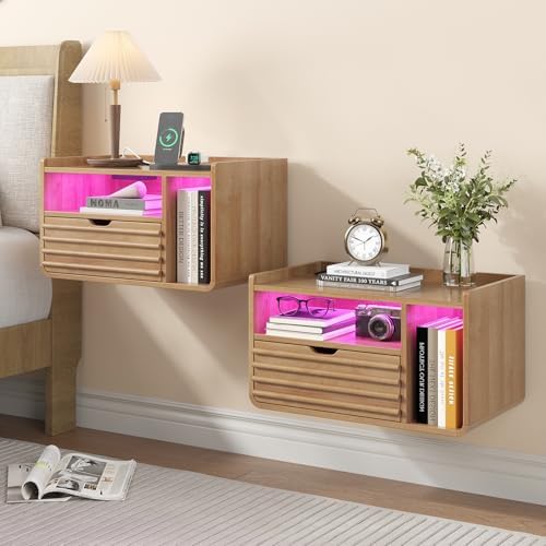 Maupvit Wood Floating Nightstand Set of 2, Wall Mounted Night Stand with Drawer and Charging Station, Bedside Table with Open Shelf, Led Nightstand for Bedroom, Easy Assembly