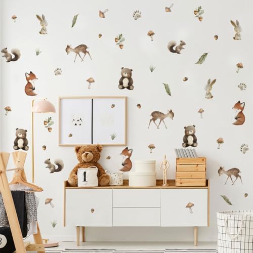 Woodland Animal Wall Stickers,Adorable Woodland Nursery Decals Decor,Animals Bear, Fox, Deer, Mushroom Peel and Stick Wall Decals ，Baby Nursery Kids Bedroom Living Room Decor