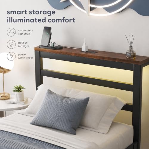 Twin Bed Frame with Charging Station and LED Lights Headboard, Black