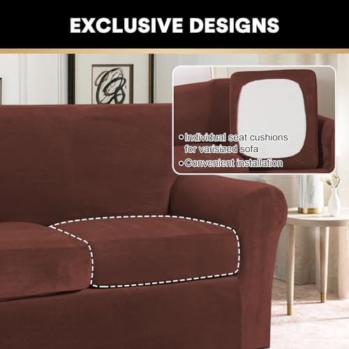 PrinceDeco Velvet Couch Covers for Sofa Soft 4 Pieces Couch Covers for 3 Cushion Couch Sofa Pet Friendly Furniture Protector with Non Slip Elastic Bottom Width Up to 90 Inch (Large, Burnt Brick)