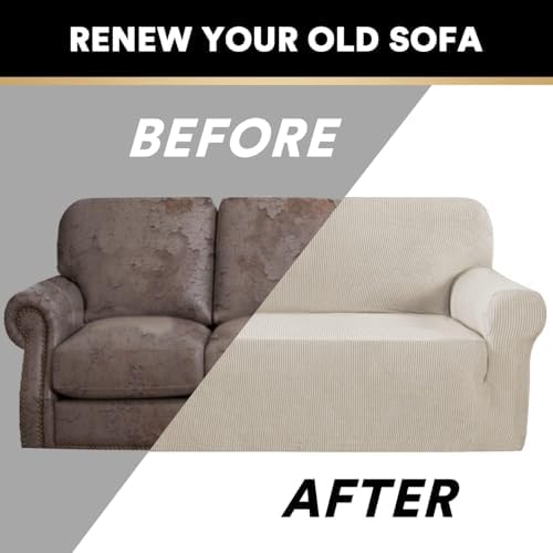PrinceDeco Stretch Sofa Cover Slipcover 1-Piece, Spandex Jacquard Fabric Universal Couch Cover for 3 Cushion, Washable Non Slip Sofa Cover, Pet Friendly (Large Sofa 90"-100",Island Fossi)