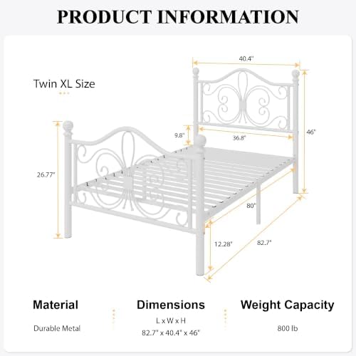 SHA CERLIN Twin XL Size Metal Bed Frame with Butterfly Headboard, White