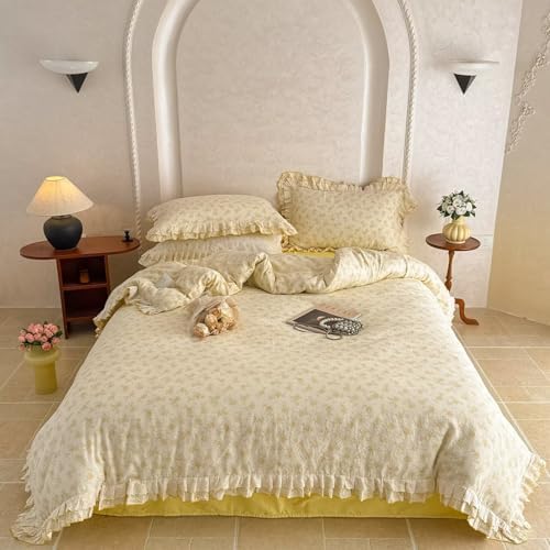 Aesthetic 100 Cotton 2 Layer Muslin Duvet Cover Set 3 Pcs(1 King Size Duvet Cover with 2 Pillowcases),Yellow Bedding Set with Zipper Ties,Lightweight Breathable Comforter Covers 104"×90"