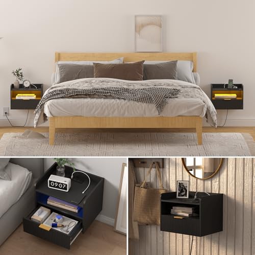 Veegle White Floating Nightstand with Charging Station and LED Lights (Black)