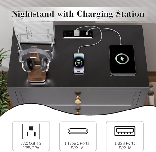 COWMOU Nightstand with Drawers 3 Drawer Night Stand with Charging Station Farmhouse Style Large Bed Side Table for Bedroom Living Room (1, Black)
