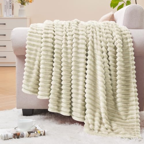BEDELITE Ribbed Jacquard Beige Fleece Throw Blanket for Couch, 50x70 Inch