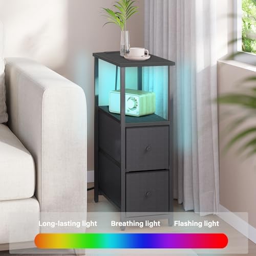 TUTOTAK Narrow LED End Table, Skinny Side Table with Charging Station