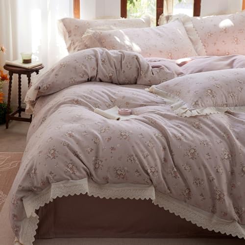 LifeTB Vintage Flower Duvet Cover Set King, Muslin Cotton Romantic Lace Ruffled Bedding Set, Floral Cottagecore Bedding Duvet Cover, Linen Like Gauze Breathable Comforter Cover with Zipper Ties