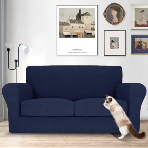 MAXIJIN 3 Piece Couch Covers for 2 Cushion Couch loveseat Cover, Stretch Love Seat Sofa Slipcovers for Dogs Pet, Thick Furniture Protector with 2 Seat Cushion (55"-69", Navy Blue)