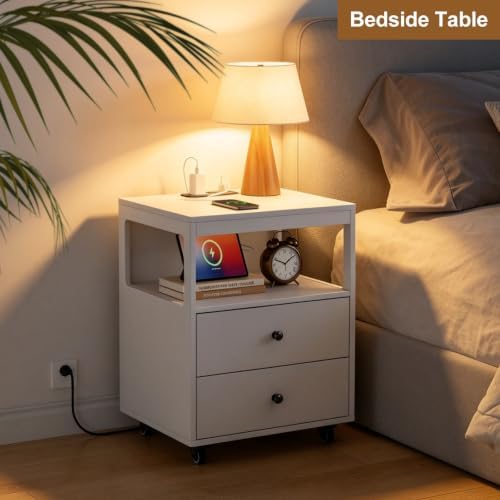 Bedroom Nightstand with Charging Station, Side Table with 2 Drawers,Sofa End Table Living Room with Wheels for Living Room Bedroom Office(White)