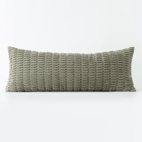 MIULEE Lumbar Corduroy Throw Pillow Cover for Bed 14x36 Light Olive Green
