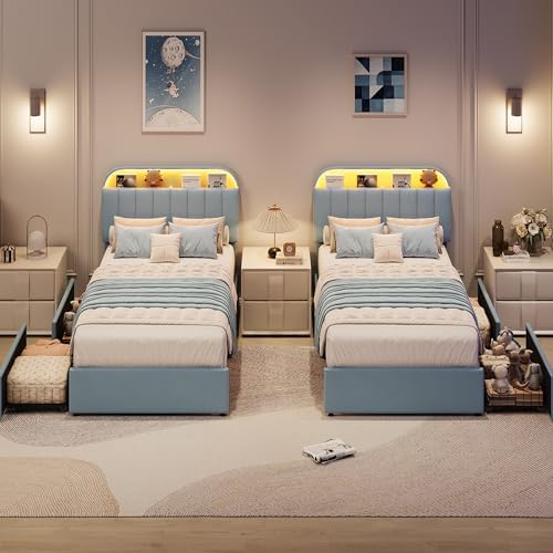 GarveeHome Twin Bed Frame, Platform Bed with Storage Headboard & Drawers