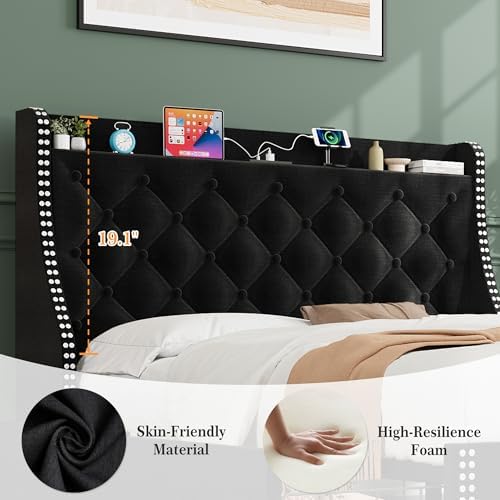 Upholstered Full Bed Frame with 4 Storage Drawers，Wingback Headboard with Charging Station, Diamond Stitched Button Tufted Design, No Box Spring Needed, Black