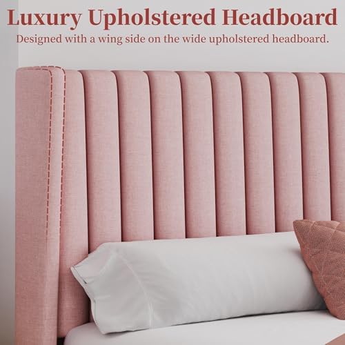 Yaheetech Queen Bed Frame with Headboard,Pink Channel-Tufted Platform