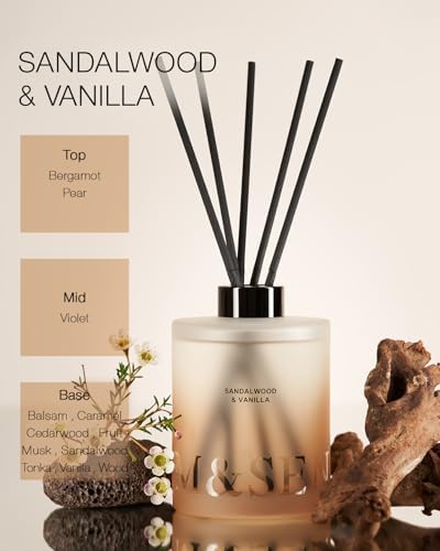 M&SENSE Reed Diffuser, Sandalwood Vanilla, 17 oz Natural Essential Oil