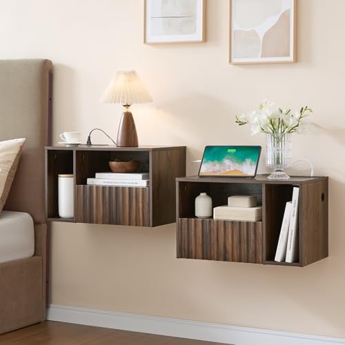 BuildHom Floating Nightstand Set of 2 with Charging Station, Walnut