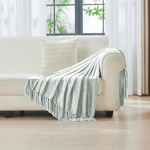 CozeCube Chenille Throw Blanket, Baby Blue Fringe Blanket, 60"X80"