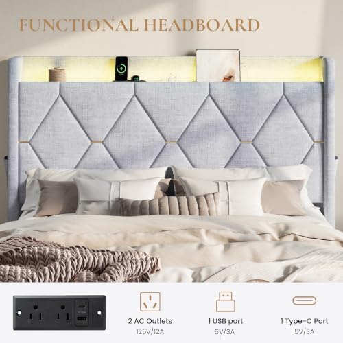 SHA CERLIN Queen Size Bed Frame with Storage Drawer & LED Lights, Grey