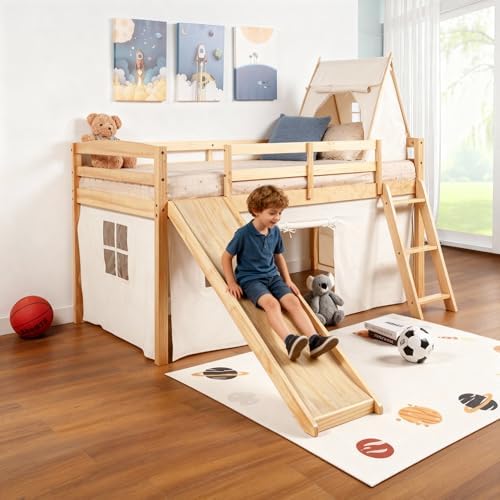 Spirich Solid Wood Kids Twin Loft Bed with Slide and Under-Bed Play Curtain