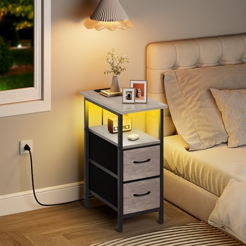 Vagusicc Set of 2 Nightstand with Charging Station and LED Lights, Narrow Side Table, LED Night Stand with 2 Fabric Drawers, Bedside Table Small End Table, Tall Nightstand for Bedroom, Rustic Grey