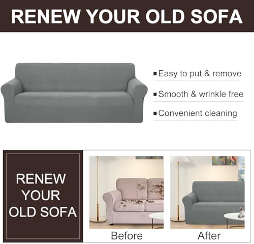 U-NICE HOME 4 Seater Stretch Couch Cover for 3 Cushion Sofa, Grey