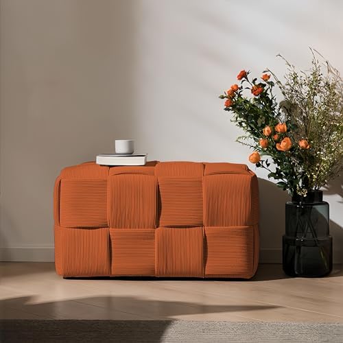Cmishe 28" Rectangular Woven Corduroy Ottoman Footrest - Large Modern Entryway Bench & Bed End Stool, Sturdy Wood Frame, No Assembly (Orange-L)