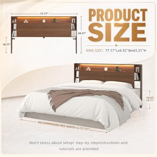 Queen Size Headboard Only, Sturdy Wood Bed Backboard with Solid Wood Legs, 3 Storage Zones, Unique Skirting Groove, High Load Capacity, 15mm Thick Construction (Walnut, King)