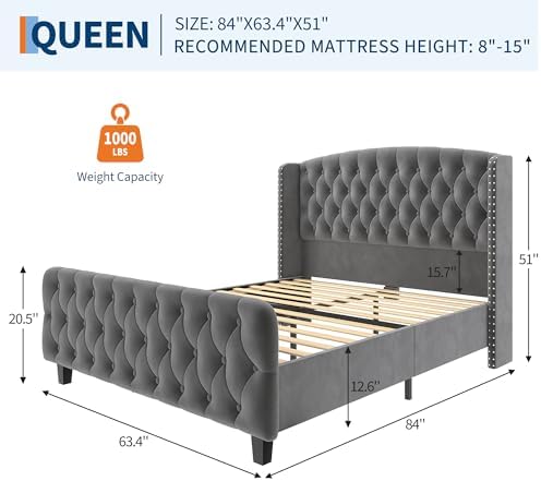 GarveeHome 51" Tall Queen Size Bed Frame with Wingback Headboard, Grey