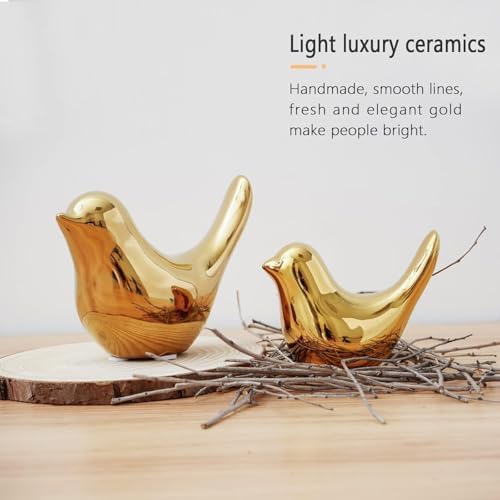 2 Ceramic Bird Figurines, Gold Bird Statues for Shelf and Bookshelf Decor