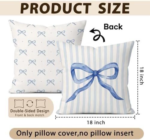 Blue Coquette Bow Pillow Covers 18x18 Set of 2, Preppy Room Decor