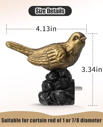 Bird-Shaped Decorative Curtain Rod Finials, 1 or 7/8 Inch, Easy Install, Set of 2 – Gold